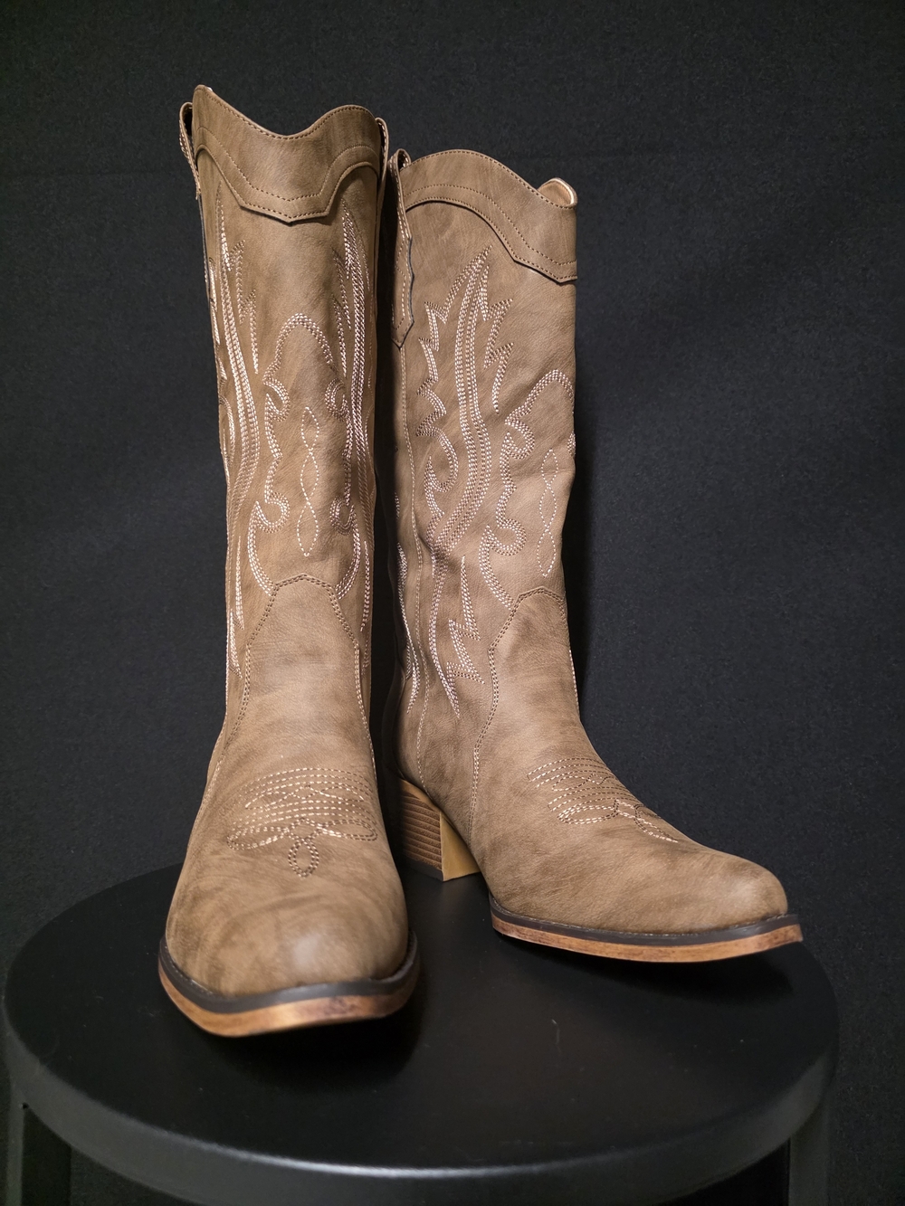 luv Women's Taupe Western Knee-High Heeled Boots